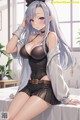 Anime girl with long blue hair sitting on a bed.