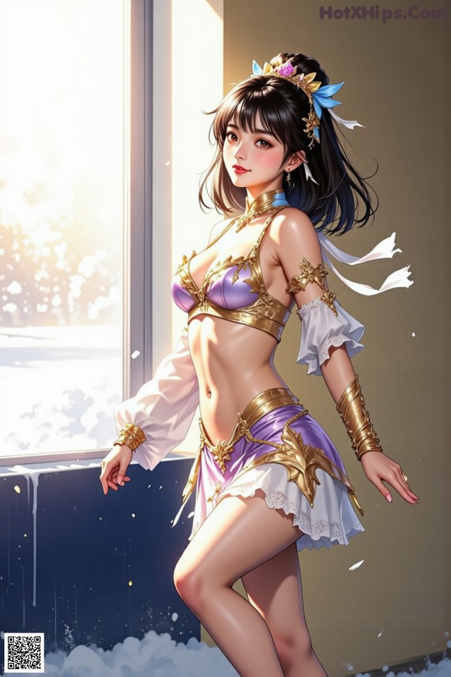 A woman in a purple and gold outfit standing by a window.
