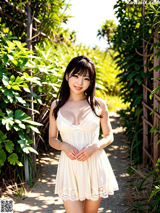 A woman in a white dress posing for a picture.