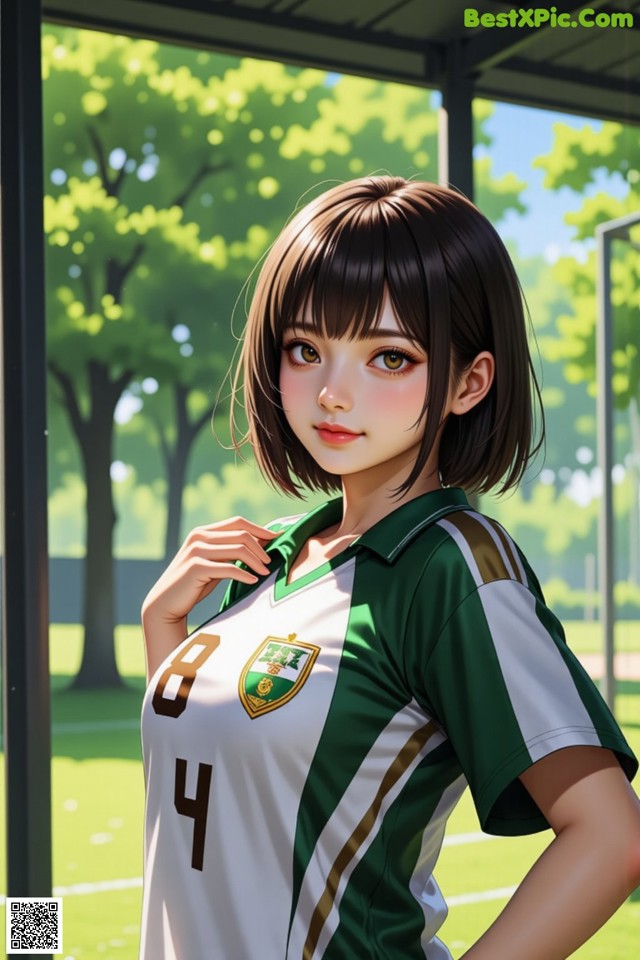 A girl in a green and white soccer uniform posing for a picture.